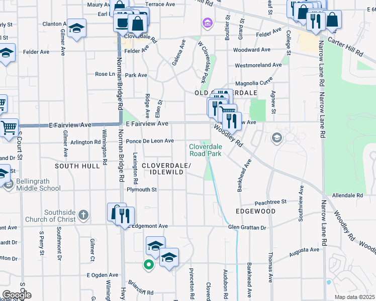 map of restaurants, bars, coffee shops, grocery stores, and more near 800-898 Ponce De Leon Avenue in Montgomery