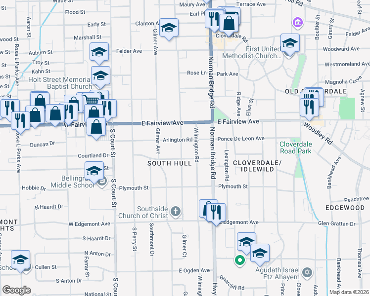 map of restaurants, bars, coffee shops, grocery stores, and more near 3104 South Hull Street in Montgomery