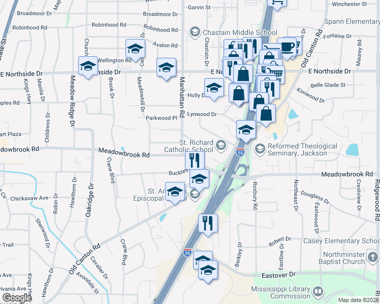 map of restaurants, bars, coffee shops, grocery stores, and more near 1135 Martingale Road in Jackson