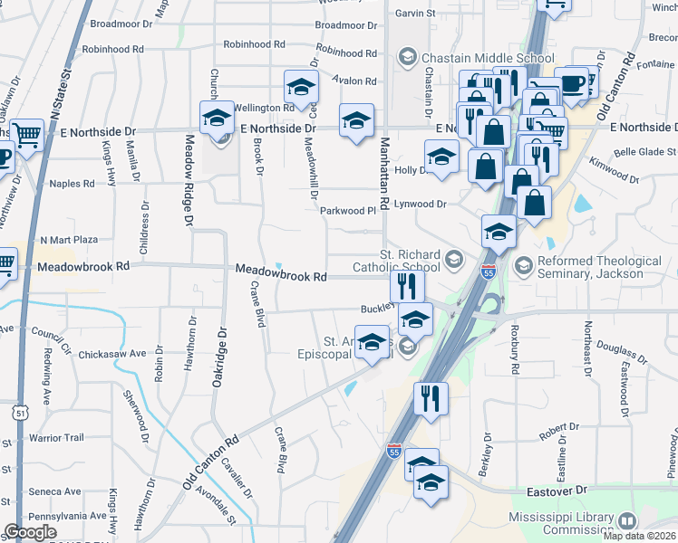 map of restaurants, bars, coffee shops, grocery stores, and more near 1021 Cedar Hill Drive in Jackson