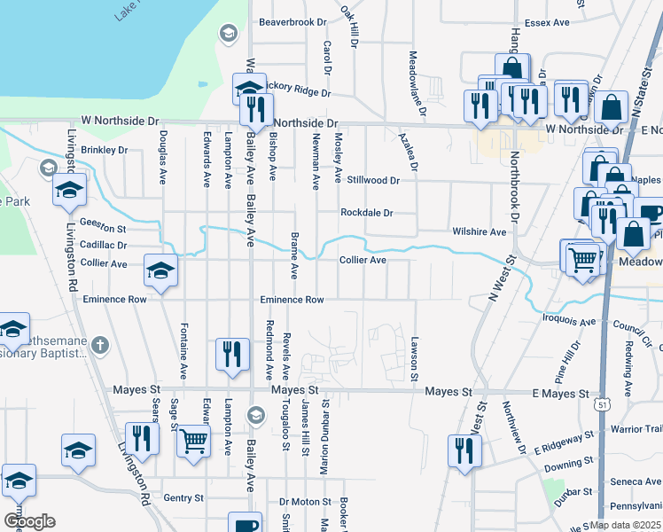 map of restaurants, bars, coffee shops, grocery stores, and more near 540 Collier Avenue in Jackson