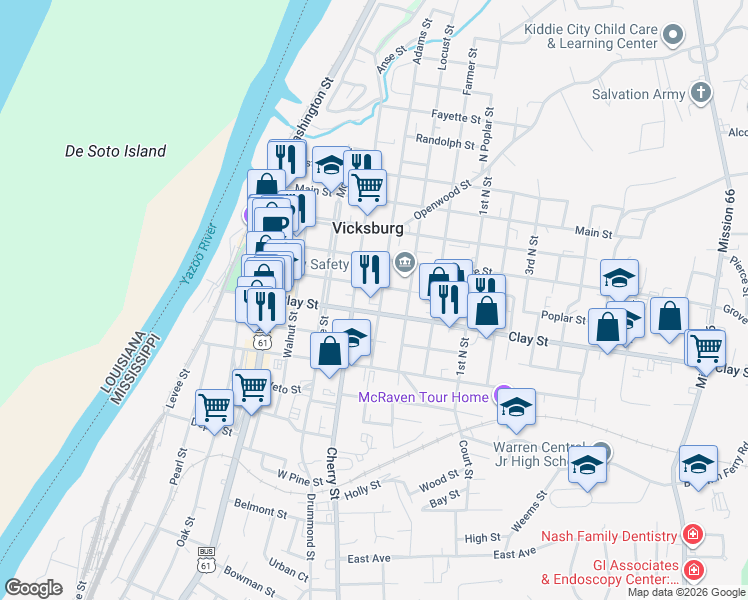 map of restaurants, bars, coffee shops, grocery stores, and more near 1214 Adams Street in Vicksburg