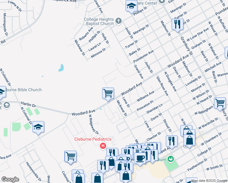map of restaurants, bars, coffee shops, grocery stores, and more near 806 McAnear Street in Cleburne