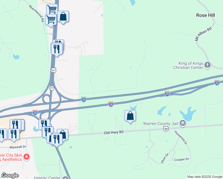 map of restaurants, bars, coffee shops, grocery stores, and more near 45 Reed Wilson Road in Vicksburg