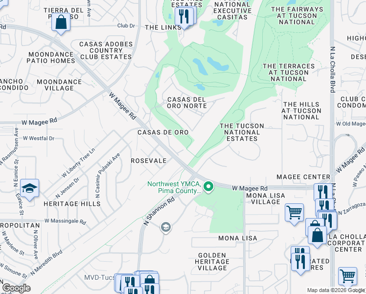 map of restaurants, bars, coffee shops, grocery stores, and more near 2702 West Magee Road in Tucson