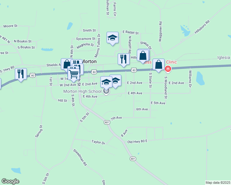 map of restaurants, bars, coffee shops, grocery stores, and more near 265 East 2nd Avenue in Morton