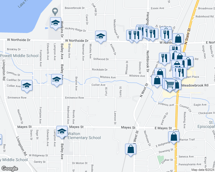 map of restaurants, bars, coffee shops, grocery stores, and more near 3560 Fort Street in Jackson