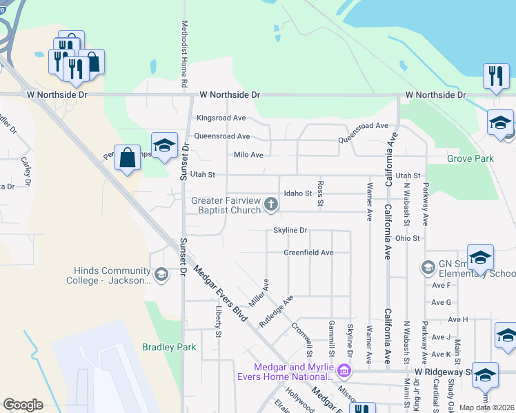 map of restaurants, bars, coffee shops, grocery stores, and more near 2623 Idaho Street in Jackson