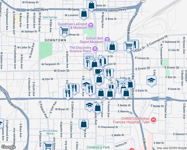 map of restaurants, bars, coffee shops, grocery stores, and more near 104 West Erwin Street in Tyler