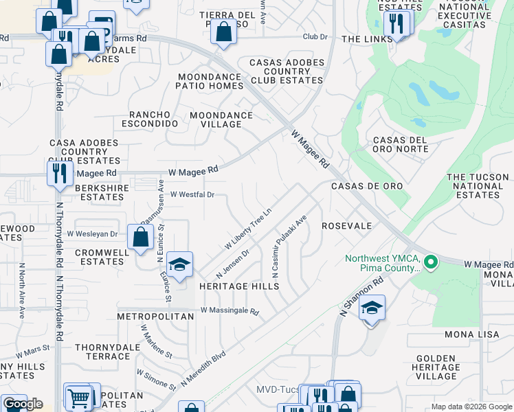 map of restaurants, bars, coffee shops, grocery stores, and more near 7941 North Paul Revere Place in Tucson