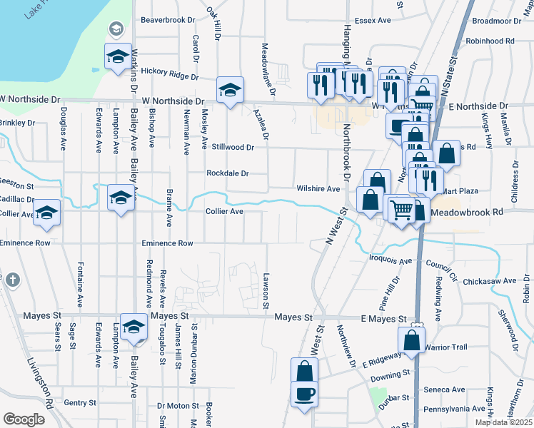 map of restaurants, bars, coffee shops, grocery stores, and more near 390 Collier Avenue in Jackson