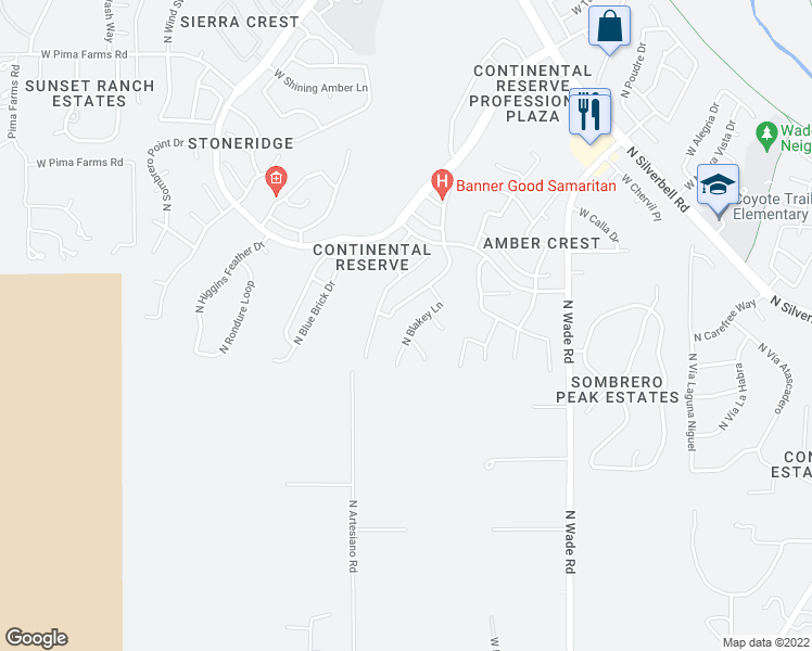 map of restaurants, bars, coffee shops, grocery stores, and more near 7883 North Blakey Lane in Tucson