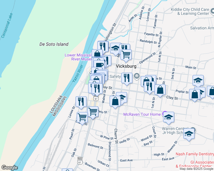 map of restaurants, bars, coffee shops, grocery stores, and more near 801 Clay Street in Vicksburg