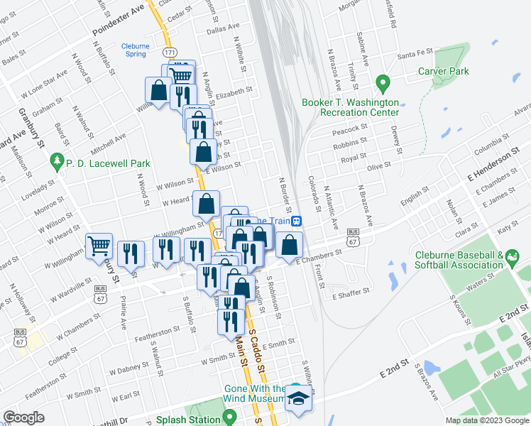 map of restaurants, bars, coffee shops, grocery stores, and more near 308 East Willingham Street in Cleburne