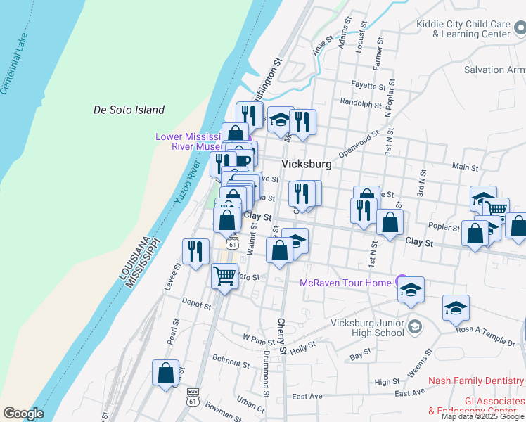 map of restaurants, bars, coffee shops, grocery stores, and more near 801 Clay Street in Vicksburg