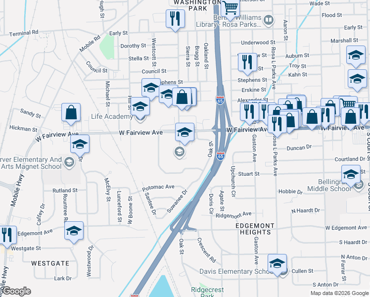 map of restaurants, bars, coffee shops, grocery stores, and more near 2001 West Fairview Avenue in Montgomery