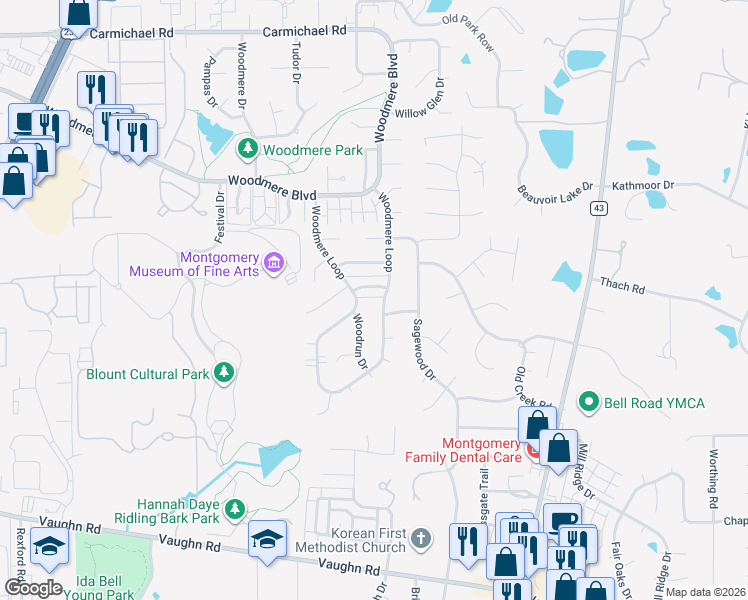 map of restaurants, bars, coffee shops, grocery stores, and more near 6028 Vineyard Lane in Montgomery