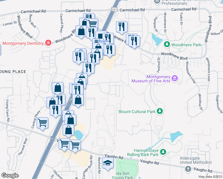 map of restaurants, bars, coffee shops, grocery stores, and more near 2495 Meadow Ridge Lane in Montgomery