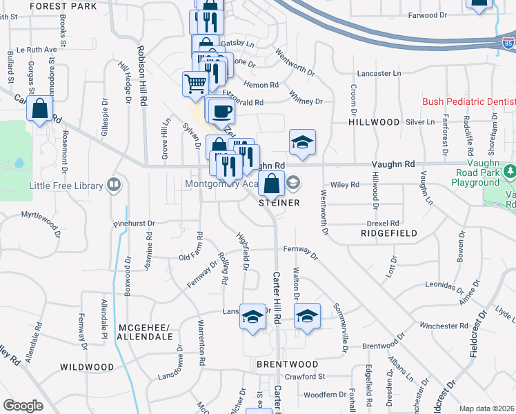 map of restaurants, bars, coffee shops, grocery stores, and more near 3101-3199 Carter Hill Rd in Montgomery