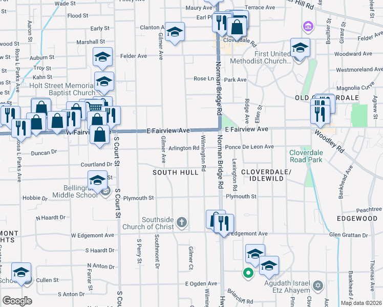 map of restaurants, bars, coffee shops, grocery stores, and more near 3104 South Hull Street in Montgomery