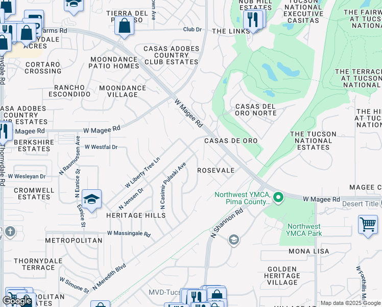 map of restaurants, bars, coffee shops, grocery stores, and more near 7921 North Casimir Pulaski Avenue in Tucson