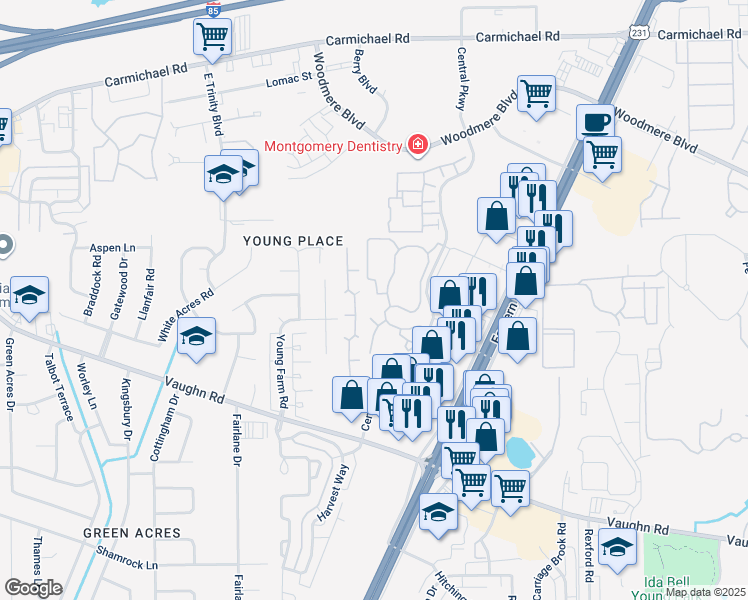 map of restaurants, bars, coffee shops, grocery stores, and more near 2462 Promwood Loop in Montgomery
