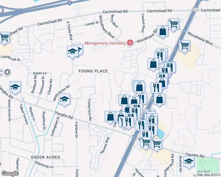 map of restaurants, bars, coffee shops, grocery stores, and more near 1742 Young Pointe Boulevard in Montgomery