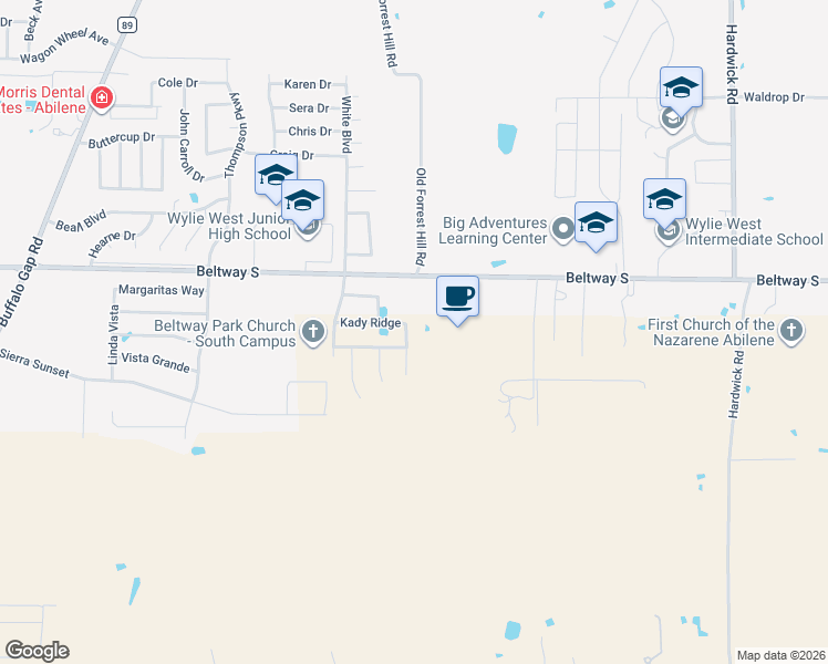 map of restaurants, bars, coffee shops, grocery stores, and more near 8209 Cimarron Trail in Abilene