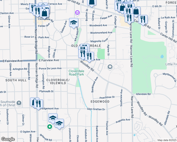 map of restaurants, bars, coffee shops, grocery stores, and more near 3118 Woodley Terrace in Montgomery