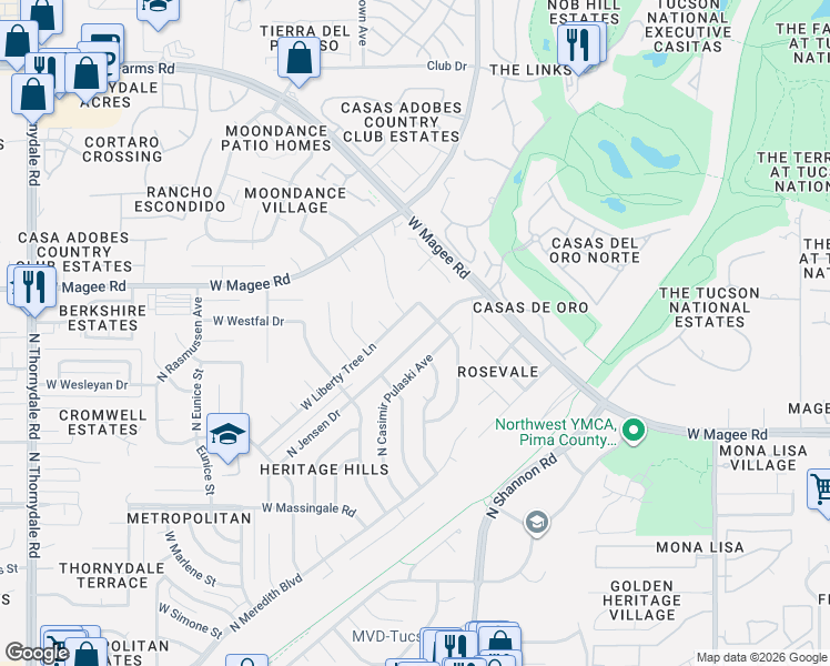 map of restaurants, bars, coffee shops, grocery stores, and more near 7931 North Jensen Drive in Tucson