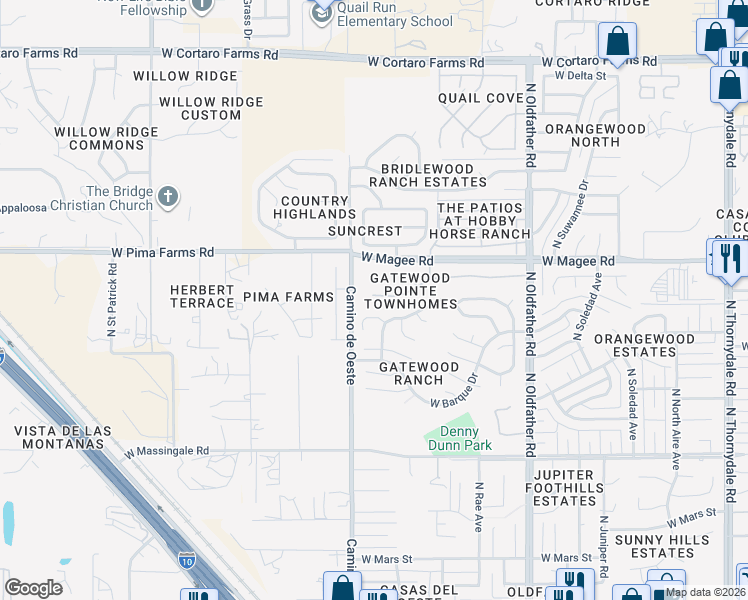 map of restaurants, bars, coffee shops, grocery stores, and more near 4500 West Pyracantha Drive in Tucson