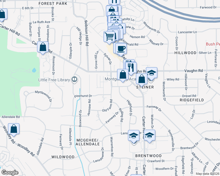 map of restaurants, bars, coffee shops, grocery stores, and more near 2942 Jamestown Drive in Montgomery