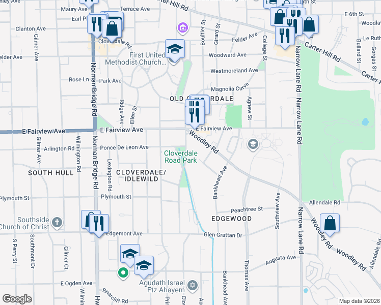 map of restaurants, bars, coffee shops, grocery stores, and more near 3100-3150 Cloverdale Road in Montgomery