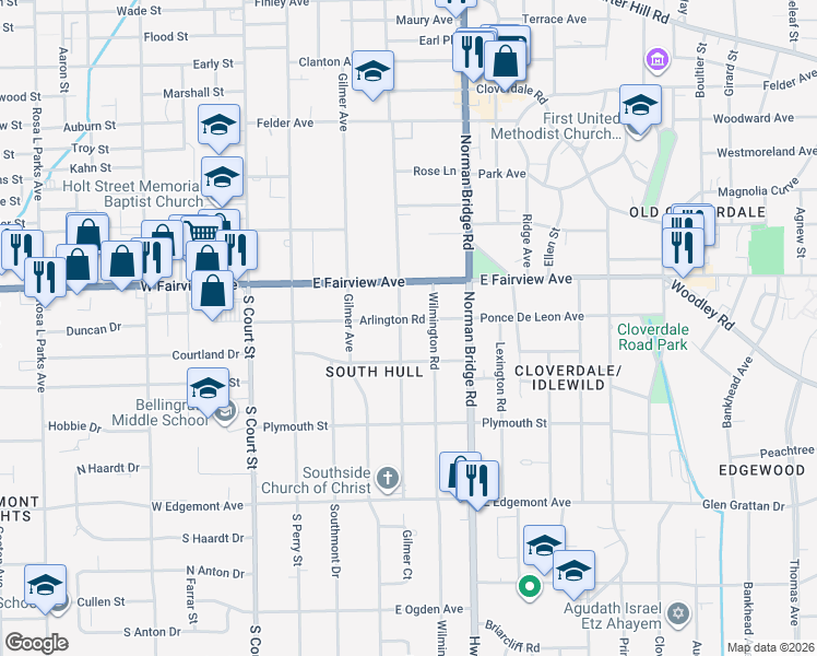 map of restaurants, bars, coffee shops, grocery stores, and more near 3104 South Hull Street in Montgomery