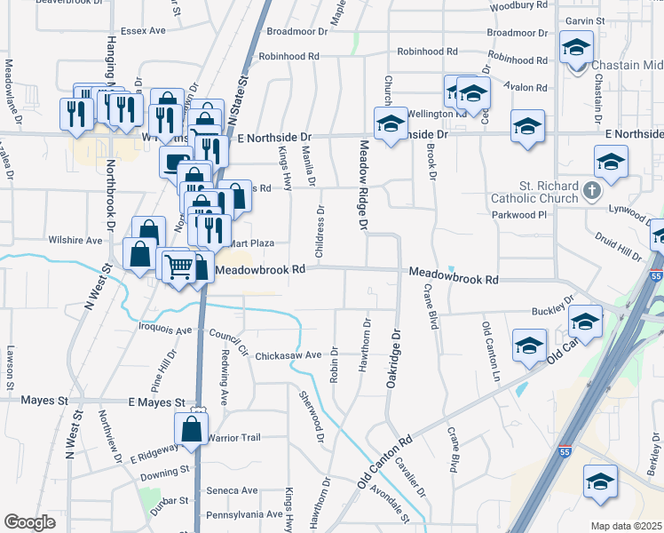 map of restaurants, bars, coffee shops, grocery stores, and more near 606 Meadowbrook Road in Jackson