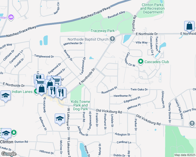 map of restaurants, bars, coffee shops, grocery stores, and more near 108 Crestwood Cove in Clinton