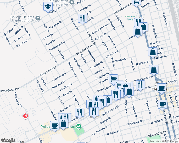 map of restaurants, bars, coffee shops, grocery stores, and more near 111 Dixon Street in Cleburne