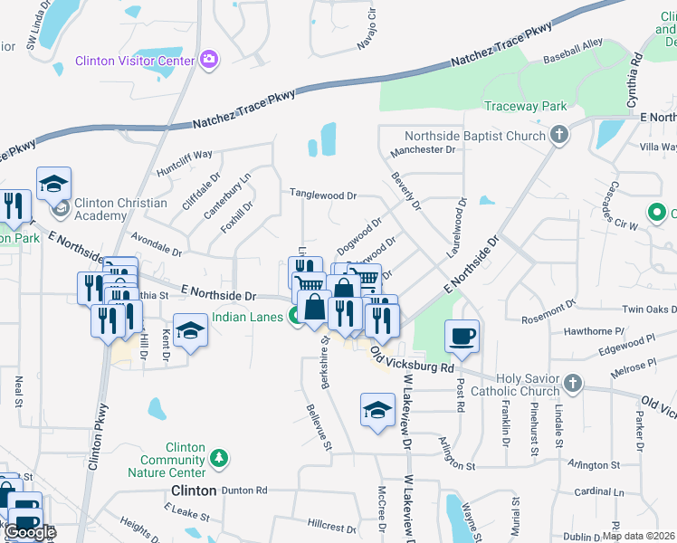 map of restaurants, bars, coffee shops, grocery stores, and more near 805 Dogwood Drive in Clinton