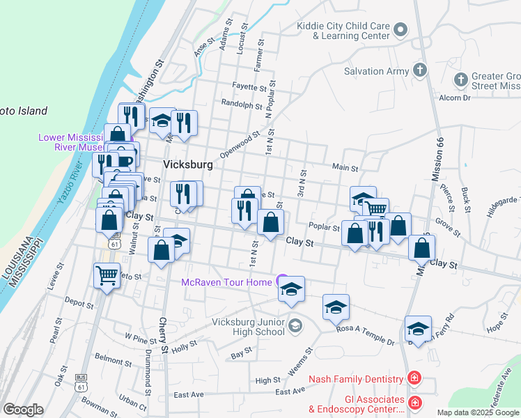 map of restaurants, bars, coffee shops, grocery stores, and more near 1st North Street in Vicksburg