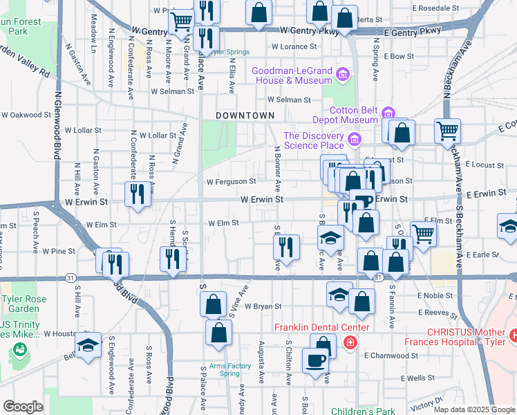 map of restaurants, bars, coffee shops, grocery stores, and more near 616 West Erwin Street in Tyler