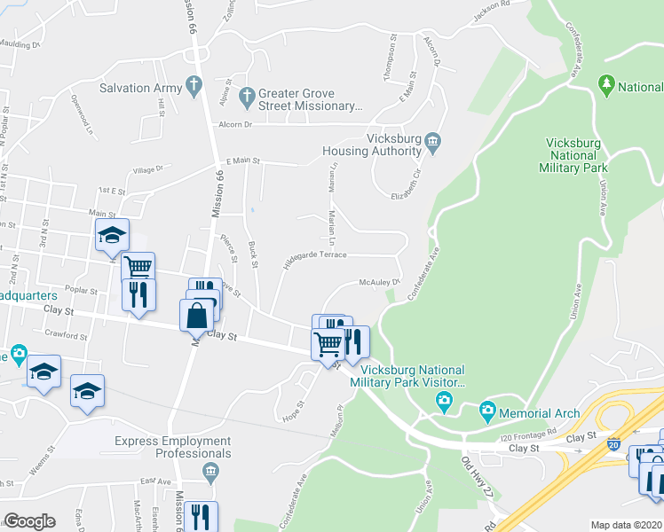 map of restaurants, bars, coffee shops, grocery stores, and more near 302 Hildegarde Terrace in Vicksburg