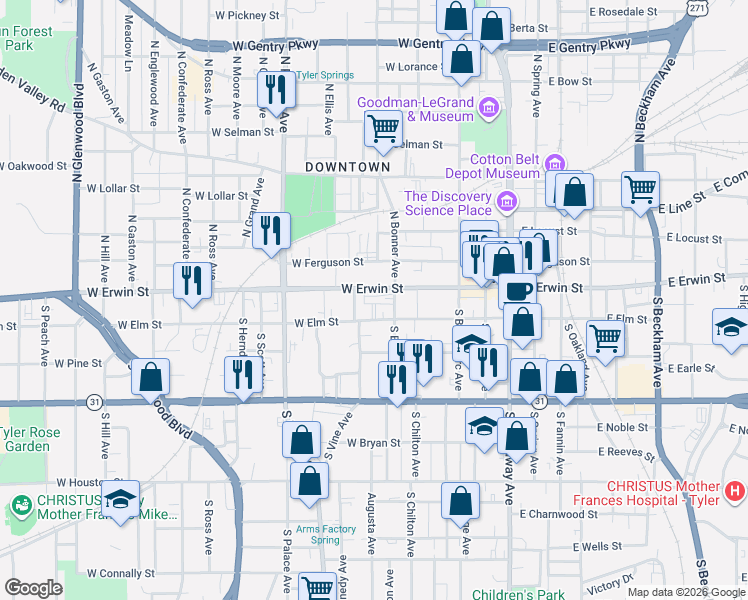 map of restaurants, bars, coffee shops, grocery stores, and more near 616 West Erwin Street in Tyler