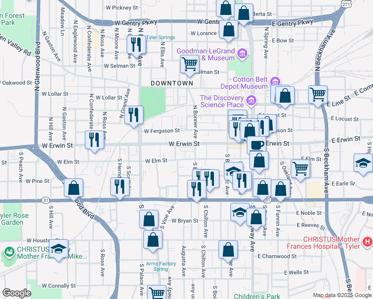map of restaurants, bars, coffee shops, grocery stores, and more near 616 West Erwin Street in Tyler
