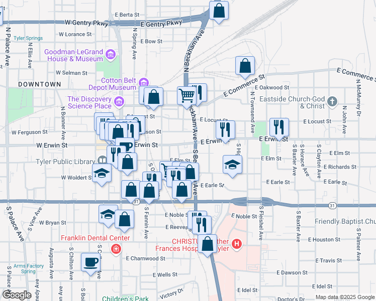 map of restaurants, bars, coffee shops, grocery stores, and more near 608 East Elm Street in Tyler