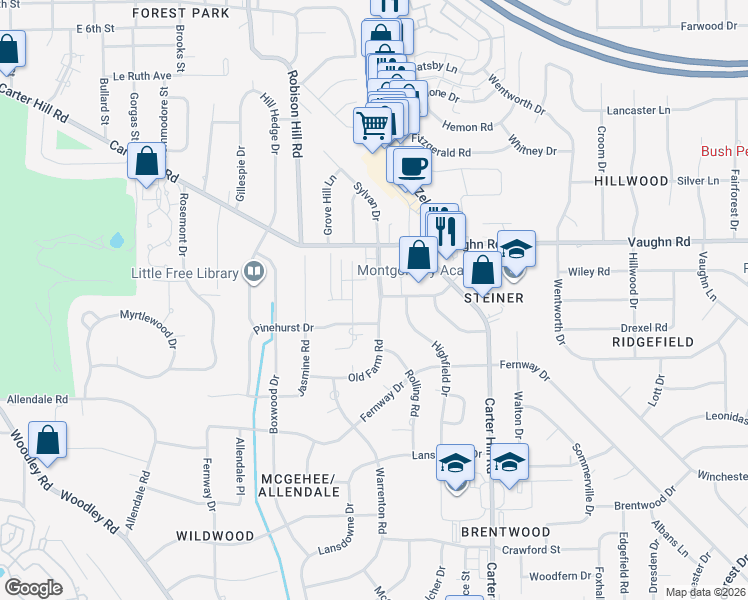 map of restaurants, bars, coffee shops, grocery stores, and more near 2942 Jamestown Drive in Montgomery