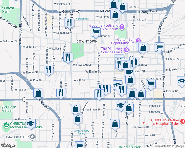 map of restaurants, bars, coffee shops, grocery stores, and more near 616 West Erwin Street in Tyler