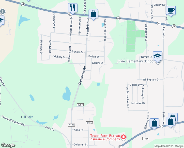 map of restaurants, bars, coffee shops, grocery stores, and more near 4129 Glenda Avenue in Tyler