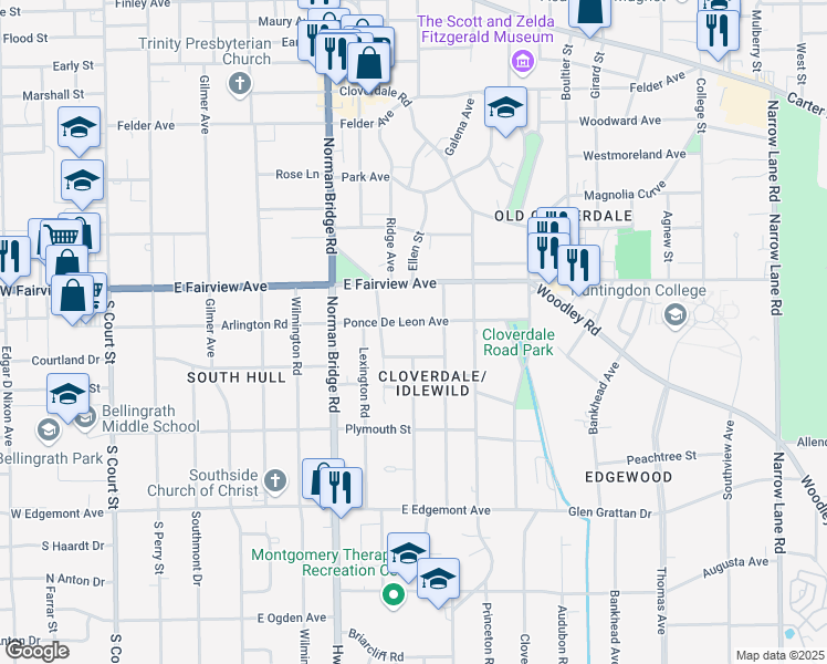 map of restaurants, bars, coffee shops, grocery stores, and more near 644 Ponce De Leon Avenue in Montgomery