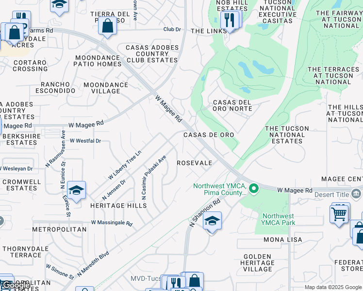 map of restaurants, bars, coffee shops, grocery stores, and more near 7950 North Casimir Pulaski Avenue in Tucson