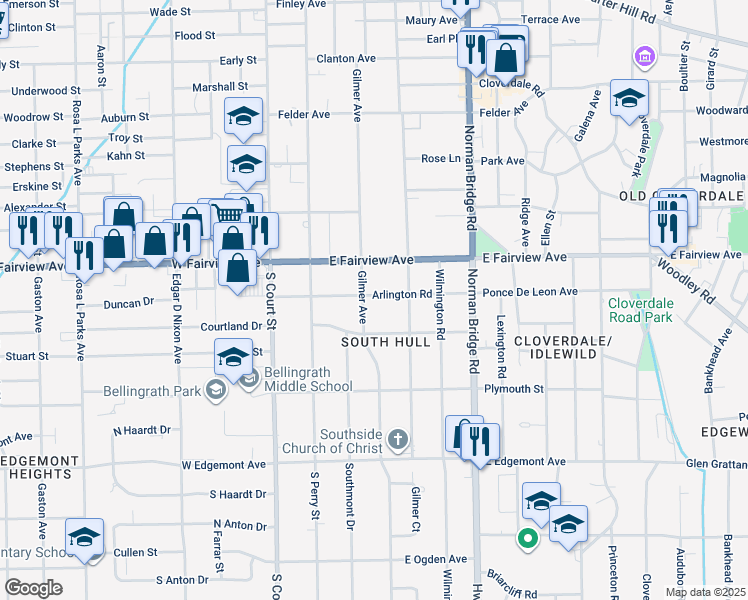 map of restaurants, bars, coffee shops, grocery stores, and more near 3105 Gilmer Avenue in Montgomery